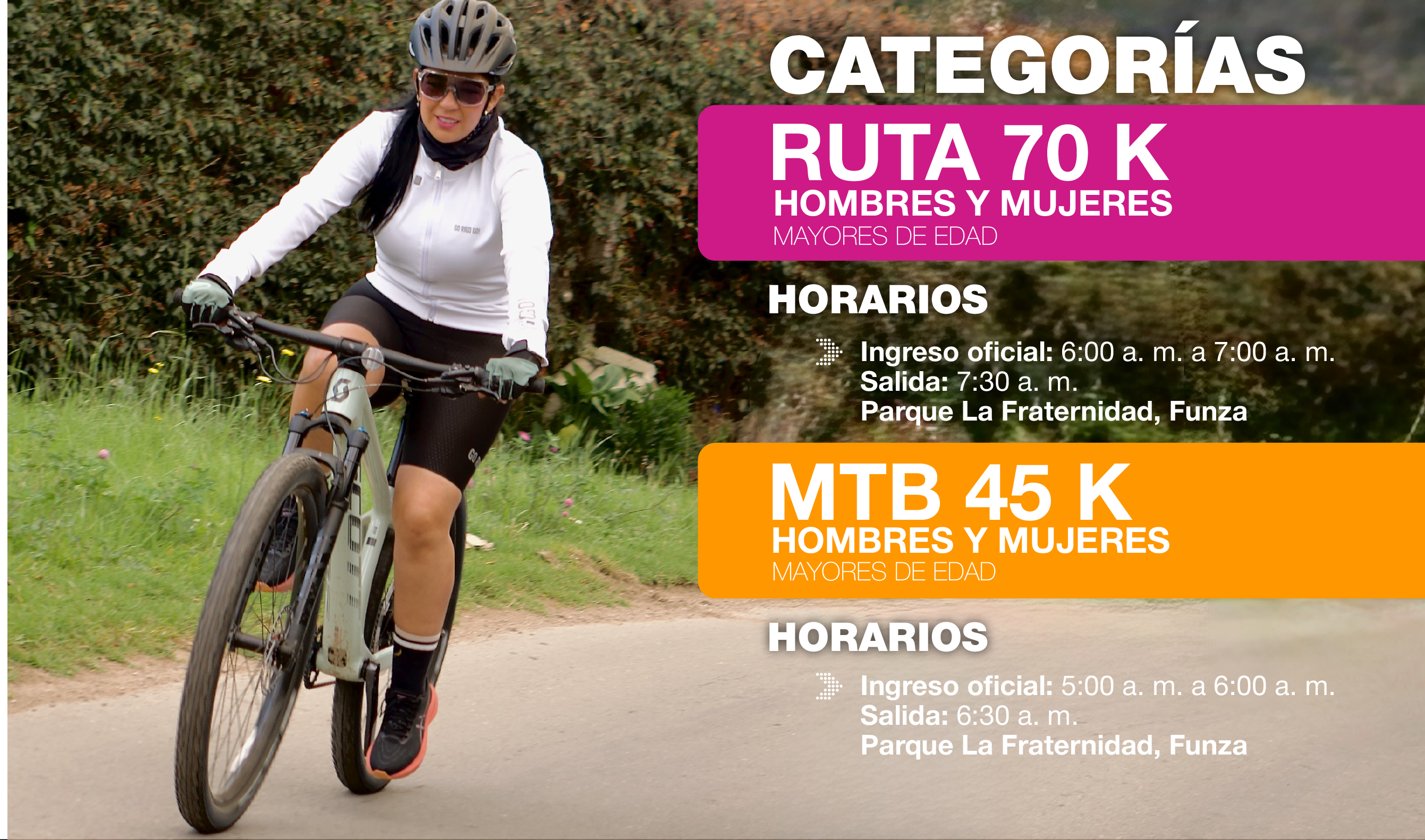 Información Pedaleando por un Sueño: Ruta 70K con salida 7:30 a.m. y MTB 45K con salida 6:30 a.m., ambas desde el Parque Principal de Funza.