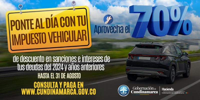 Cundinamarca ofrece descuento del 70% en sanciones e intereses del impuesto vehicular hasta el 31 de agosto